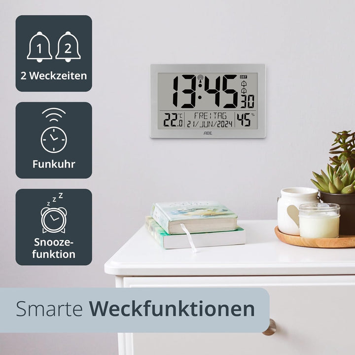 ADE Digitale Funkuhr mit grossem XL-Display | Kalender | mit Temperaturanzeige & Hygrometer | Wanduh