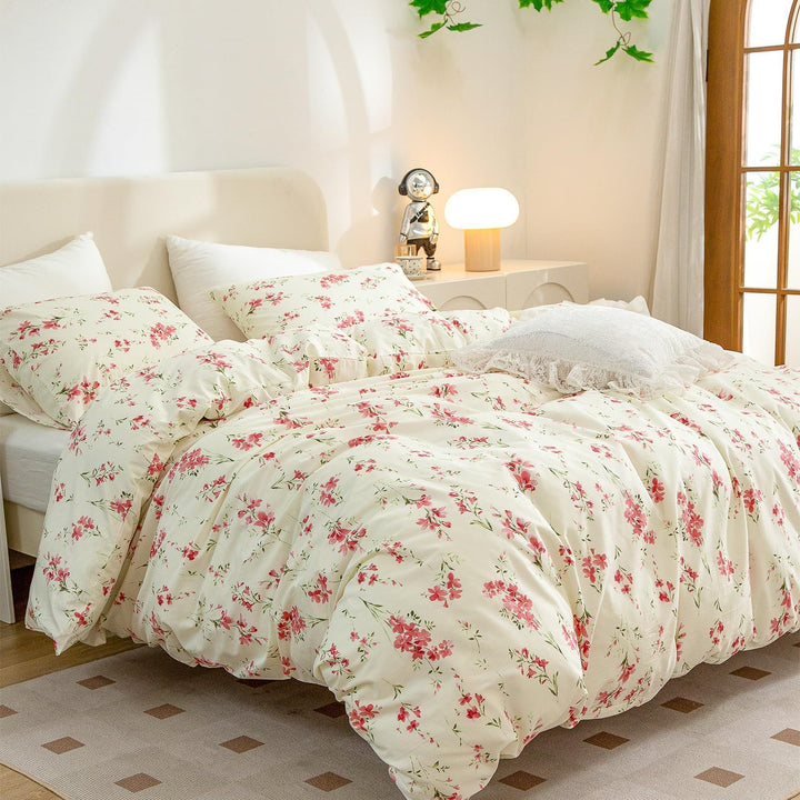 Freyamy Blumen Bettwäsche 135x200cm 2teilig Beige Rosa Blätter Pflanzen Floral Wendbar Bettwaren-Set