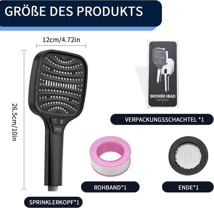 Duschkopf mit 8 Strahlarten & Stoppfunktion – Grosse Regendusche Handbrause, wassersparende Duschbra