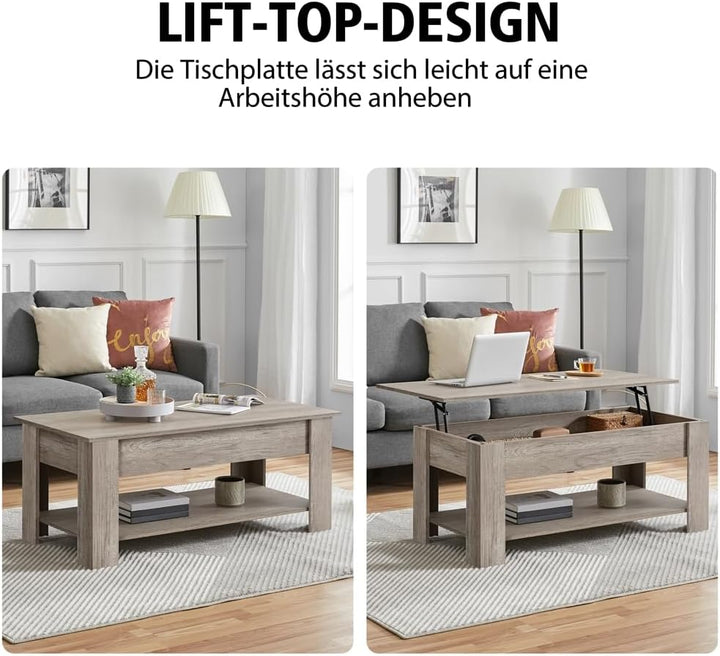 Yaheetech Couchtisch Höhenverstellbar Sofatisch mit Stauraum Ablagefächern Kaffeetisch Metallgestell