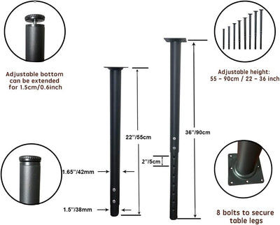 Jahof Tischbein Metall Höhenverstellbar 55-90 cm für Tischplatte, Möbelfüsse Verstellbar für DIY Möb