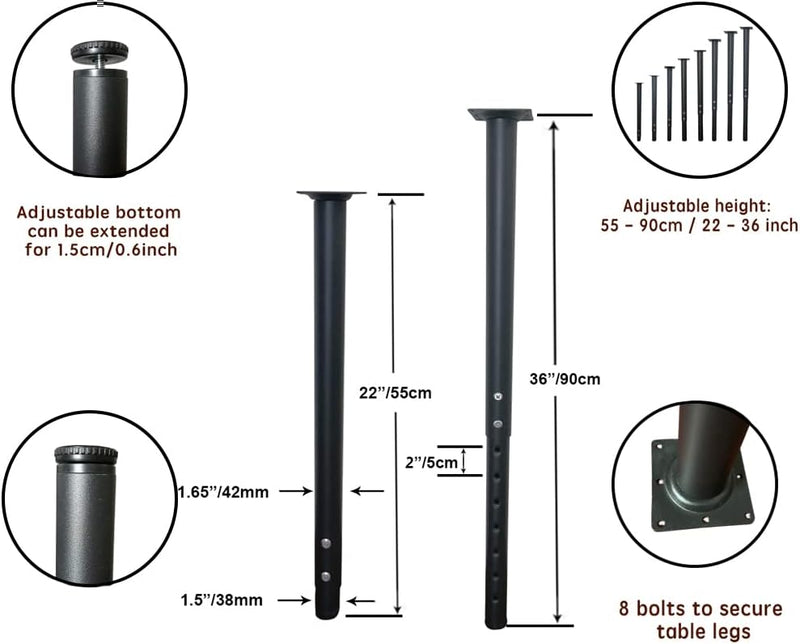 Jahof Tischbein Metall Höhenverstellbar 55-90 cm für Tischplatte, Möbelfüsse Verstellbar für DIY Möb