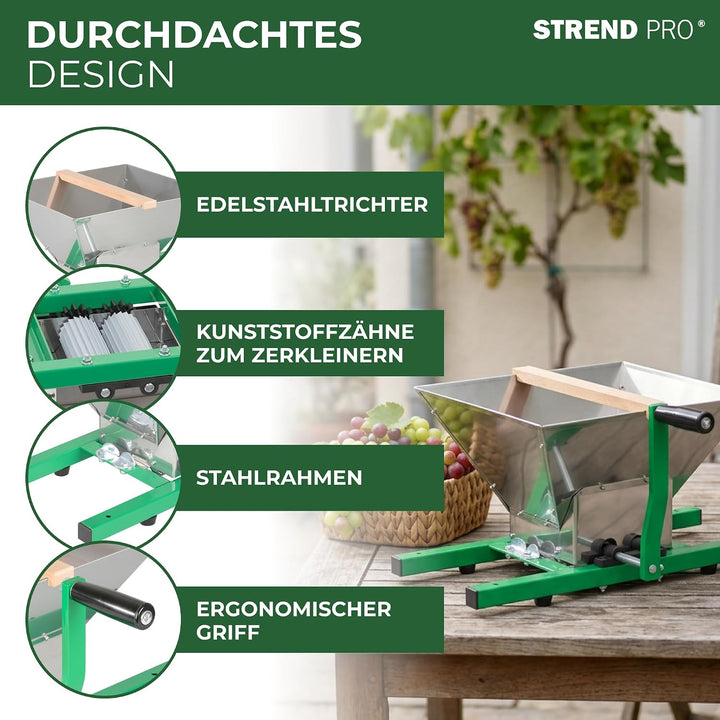 STREND PRO Traubenmühle 7 L Edelstahl ohne Ständer | Maischemühle Beerenmühle mit Handkurbel | Traub