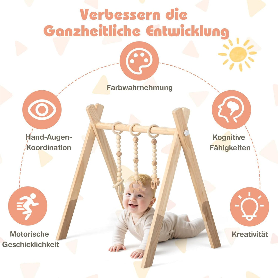 COSTWAY Baby Spielbogen Holz, Spieltrapez klappbar, Baby Gym mit 3 abnehmbaren Kinderspielzeugen, Sp