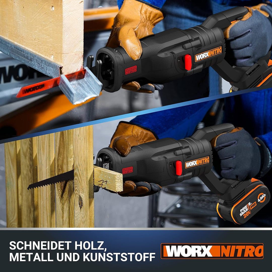 WORX WX516 Akku Säbelsäge 20V, bürstenloser Motor, mit 4000 mAh PowerShare Akku und Ladegerät, Schne