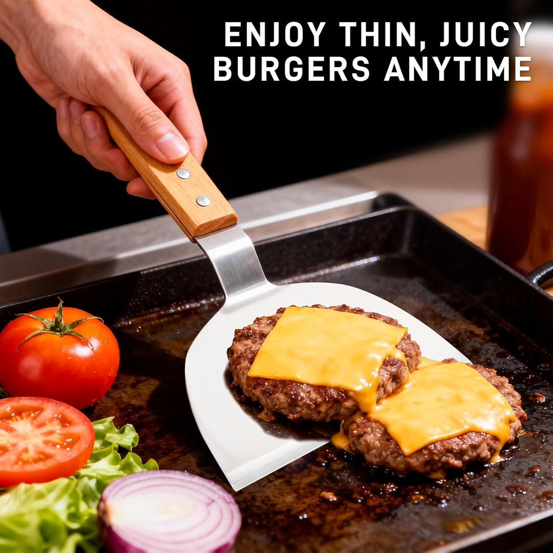 Burgerpresse Set 3-TLG, Edelstahl Burger Smasher, Schmelzkuppel, Grillspachtel, Professionelles Leck