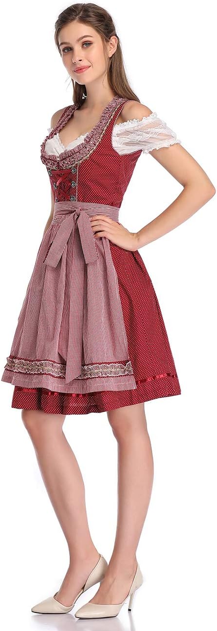 KOJOOIN Trachtenkleid Damen Dirndl Kurz Midi 3tlg. für Oktoberfest-DREI Teilig: Kleid, Bluse, Schürz