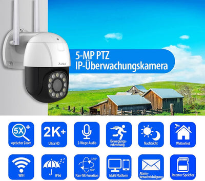 7links WiFi Kamera: PTZ-IP-Überwachungskamera, 2K+, 5X optischer Zoom, IR, WLAN, 64GB, App (Schwenkk