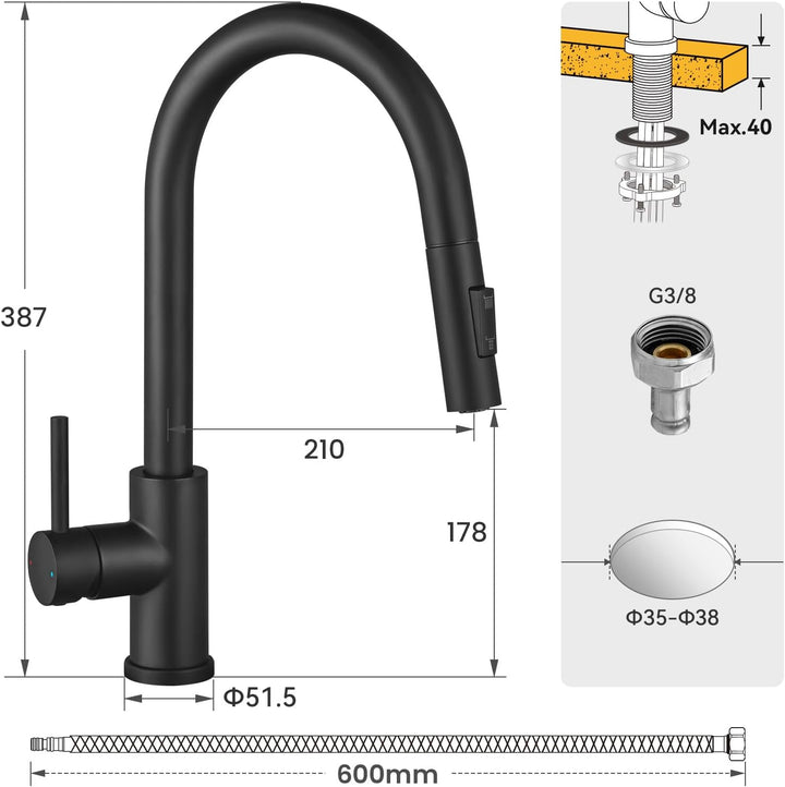 CECIPA Wasserhahn Küche Schwarz, Hochdruck Küchenarmatur mit Brause Ausziehbar Armatur, Mischbatteri