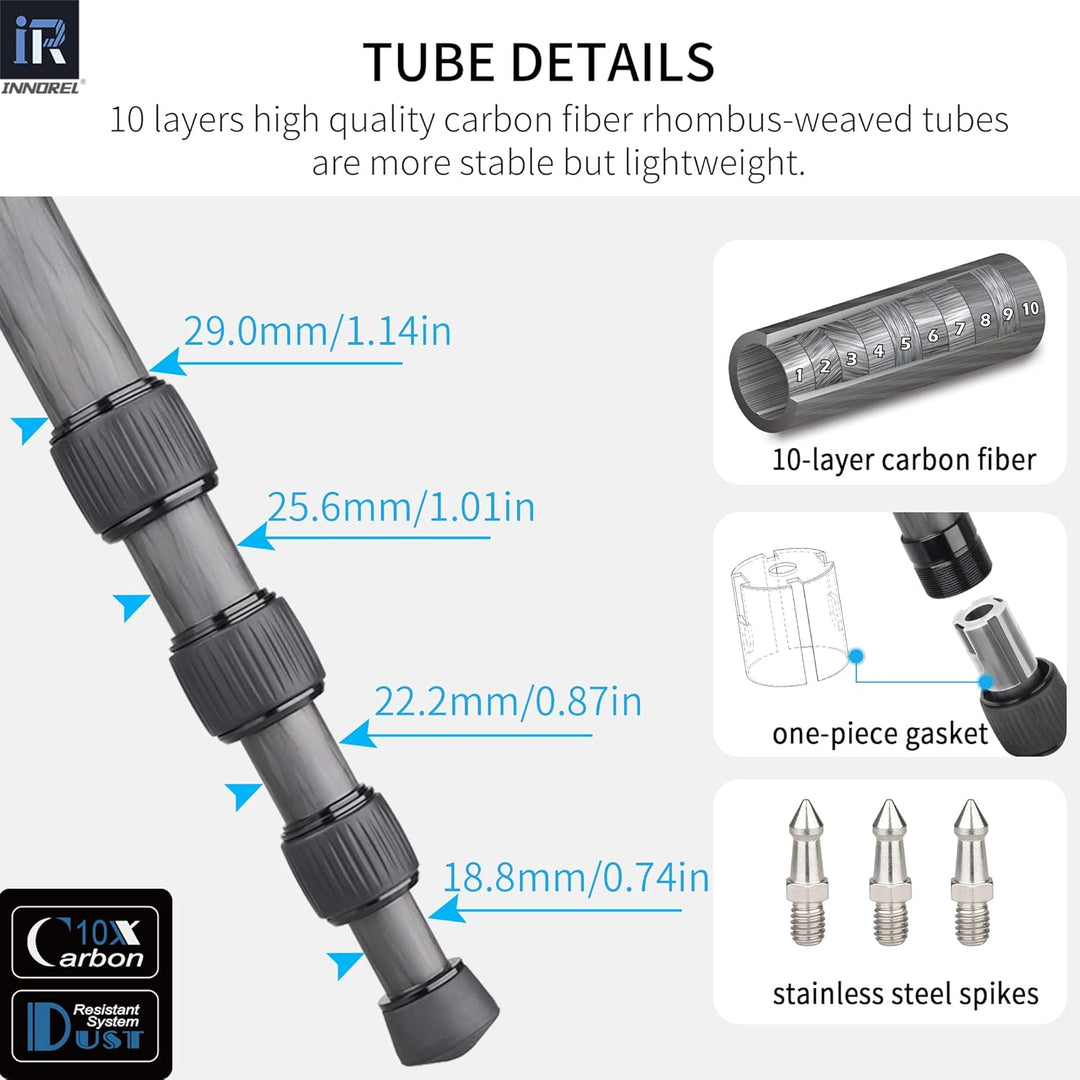 INNOREL RT75CG Kohlefaser-Stativ 172cm 2-in-1 Dreibeinstativ Einbeinstativ Fachmann Schwerlast Kamer