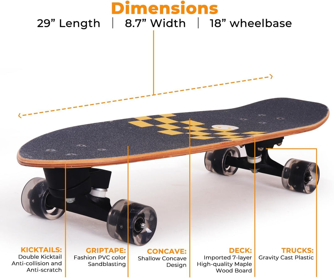 Nattork Complete Skateboards 29" x 8" Kids Skateboard Cruiser Skateboards for Beginners Double Kick