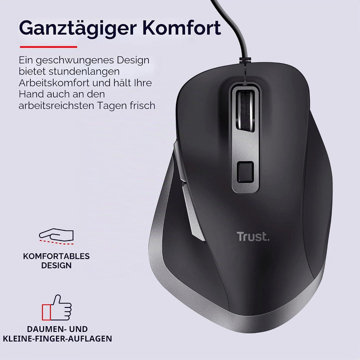 Trust Fyda PC Maus mit Kabel, Nachhaltiges Design, 600-5000 DPI, 6 Tasten, Daumen- und Fingerauflage