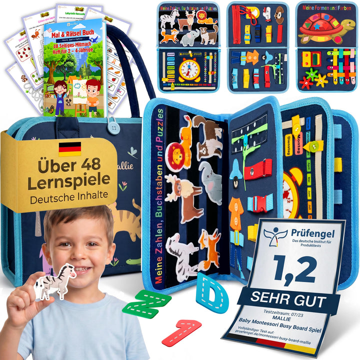 Mallie® Busy Board Deutsch inkl. Gratis Reisetasche & Montessori Buch und Perfekt für Reisen im Auto