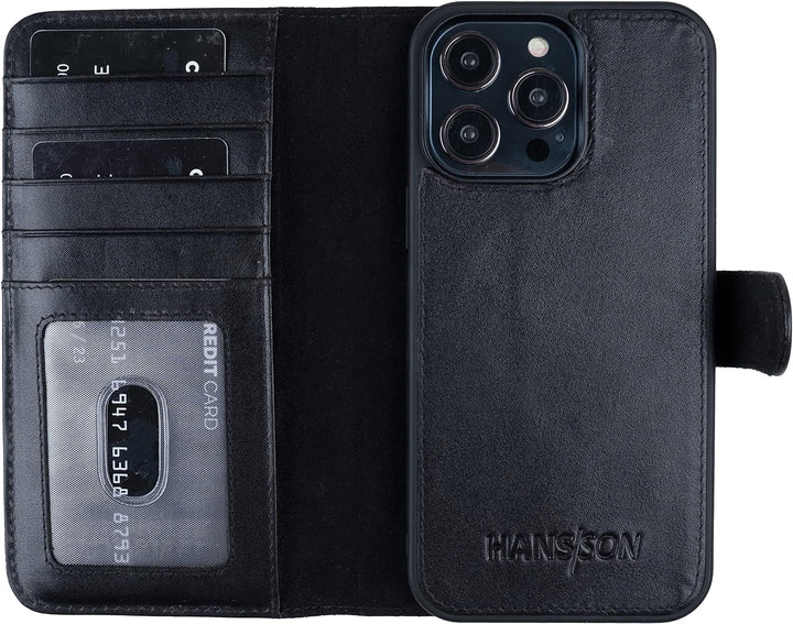 HANS/SON Klappbare Echtlederhülle in Schwarz | iPhone 14 Pro Max Ledercase mit Kartenfächern | Leder