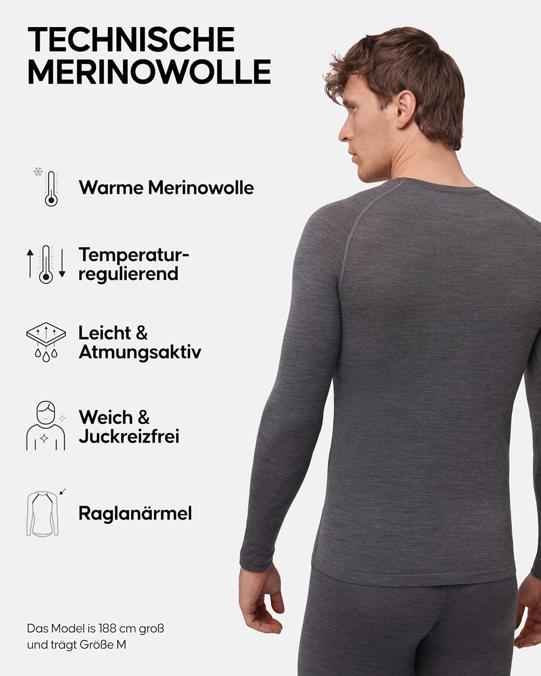 DANISH ENDURANCE Merino Langarm Shirt Herren, Premium Thermounterwäsche, Skiunterwäsche, Temperaturr