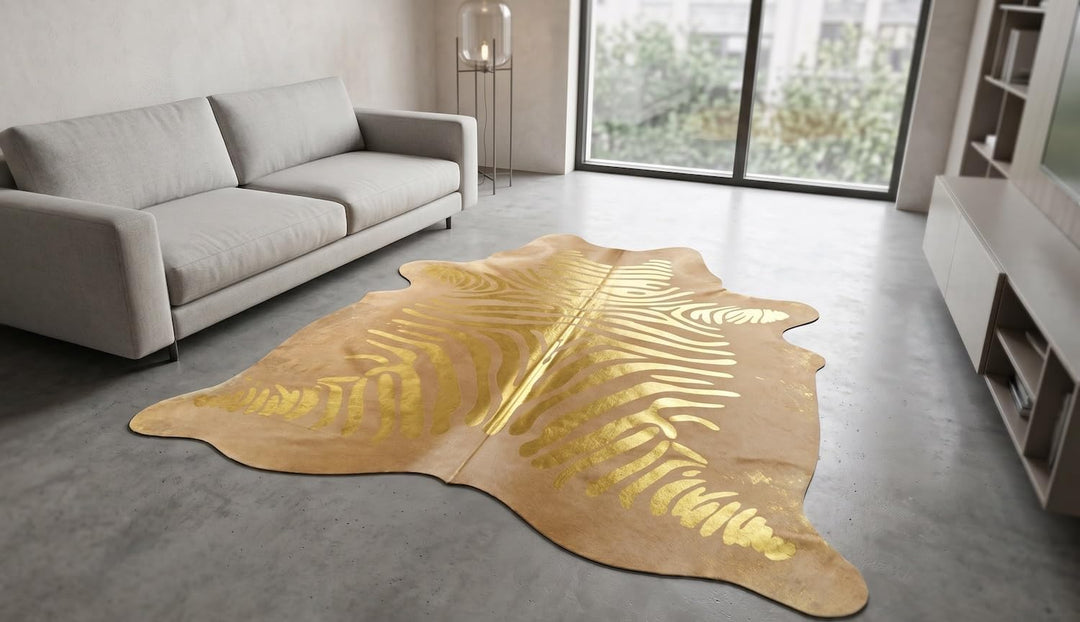 Kuhfell Stierfell Teppich Zebra Gold Devore ca. 210 x 180 cm aus Brasilien Kuhfell mit Zebra Prägung