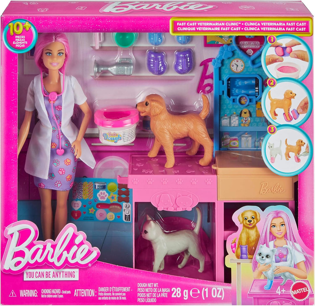 Barbie Gute Besserung“ Tierkrankenstation-Spielset aus Modepuppe mit rosa gefärbten Haaren, Tierarzt