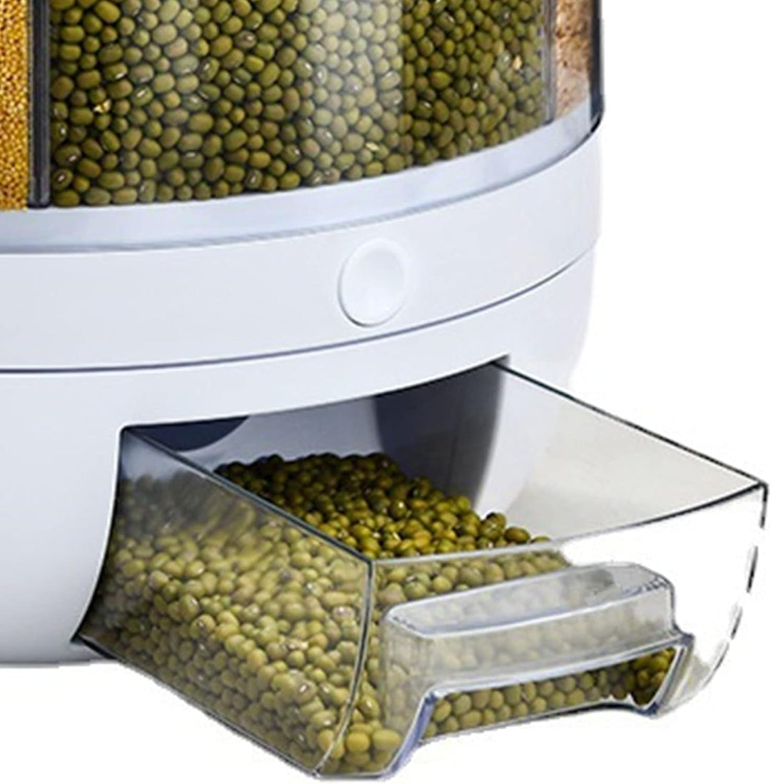 Rundspender für Trockenfutter, 360° Drehbarer Getreidespender Luftdichte Vorratsbehälter 6 In1 Küche