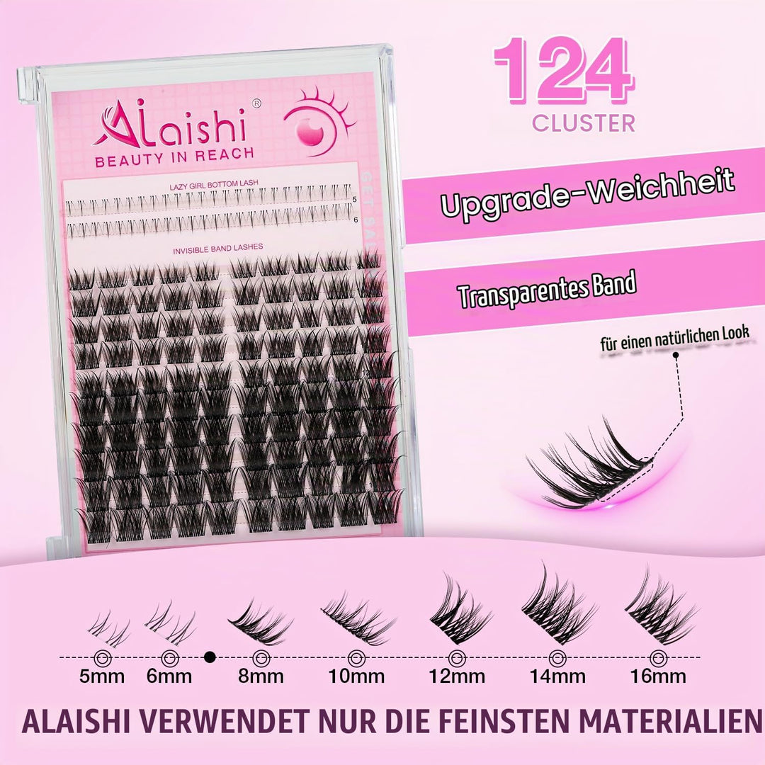 Anime Lash Clusters, 124 Stück Manga Eyelash Extensions 5-16mm, Fluffy D Curl mit Bond and Seal, Pin