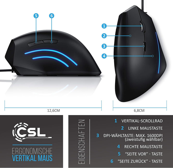 CSL - optische Vertikal USB Maus - vertikale kabelgebundene Ausführung - ergonomisches Design - Vorb
