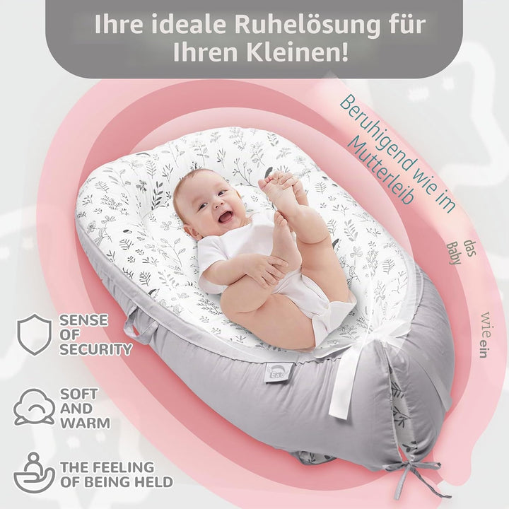 EAQ Babynest Nestchen Baby Weiches Atmungsaktives baby bett Blätter Hellgrau, Blätter Hellgrau