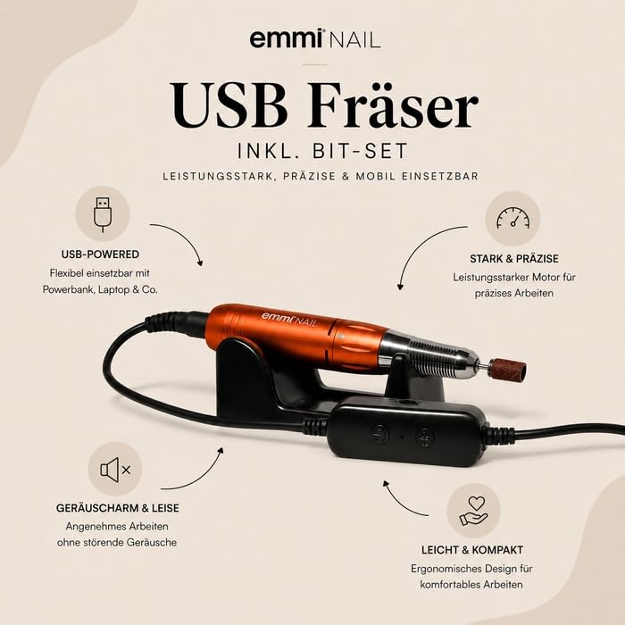Emmi Nail Elektrischer Nagelfräser mit 6er Bit-Set – USB-Nagelfeile für Gelnägel &amp; Lack – Profi Fräs