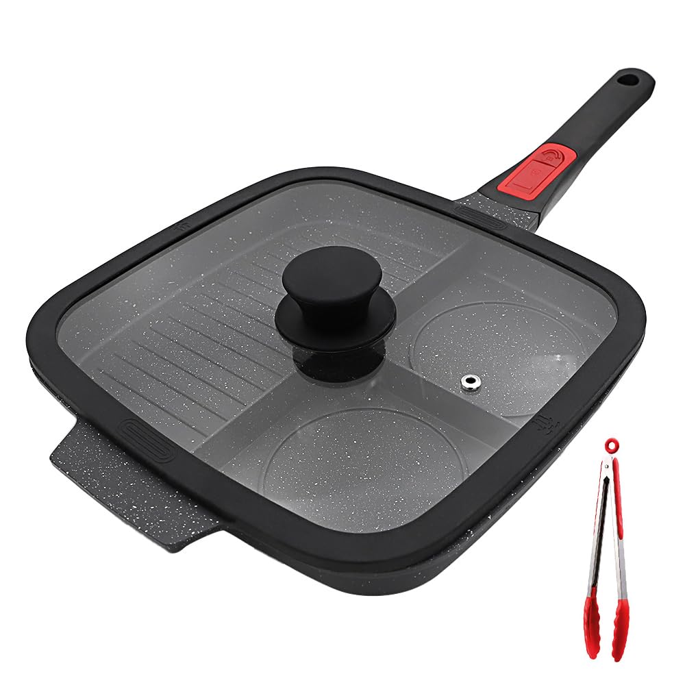 Multi Grillpfanne mit Deckel und Abnehmbarer Griff, Steakpfanne Induktion 3 in 1 - Schwarz, Schwarz
