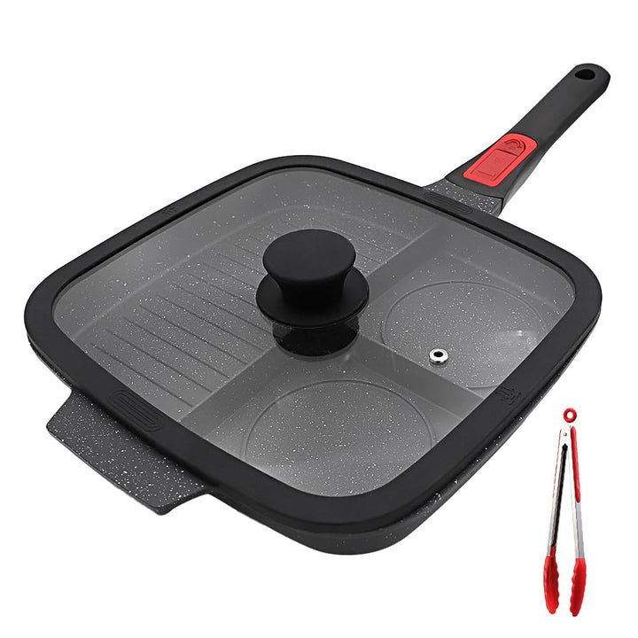 Multi Grillpfanne mit Deckel und Abnehmbarer Griff, Steakpfanne Induktion 3 in 1 - Schwarz, Schwarz