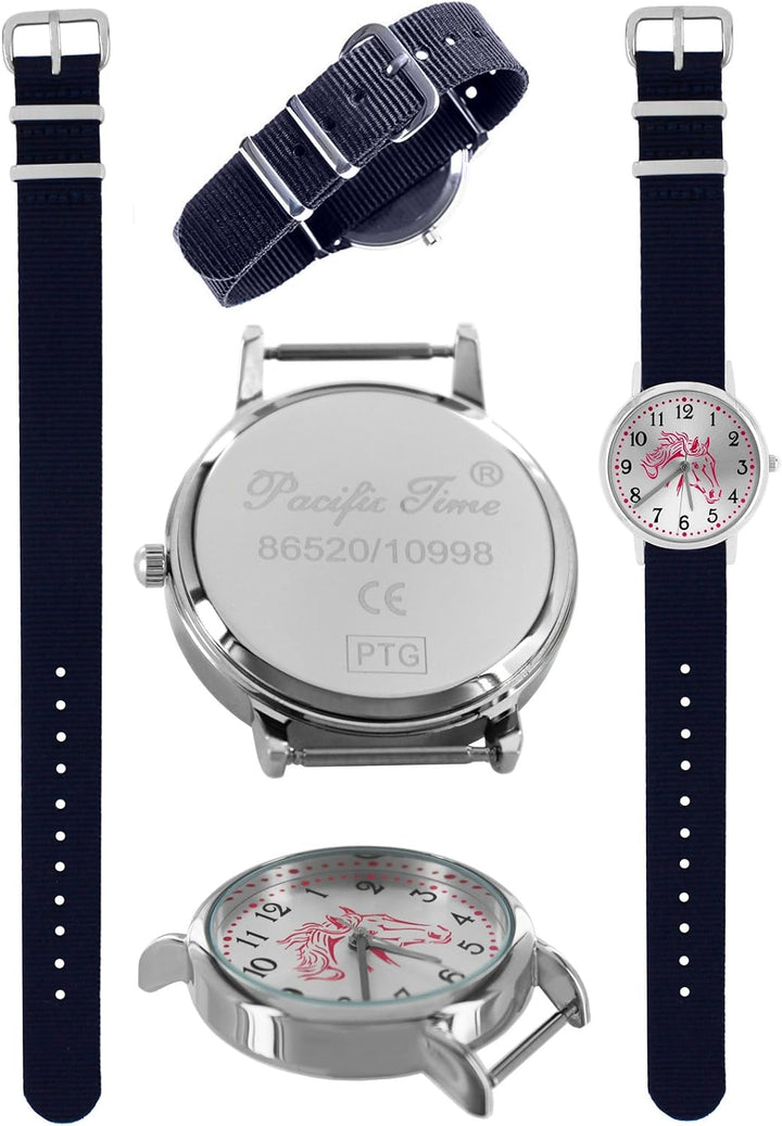 Pacific Time Mädchen Armbanduhr Uhr Pferd Pferdemotiv analog Quarz 2 Textilarmband Blau Grau 10021