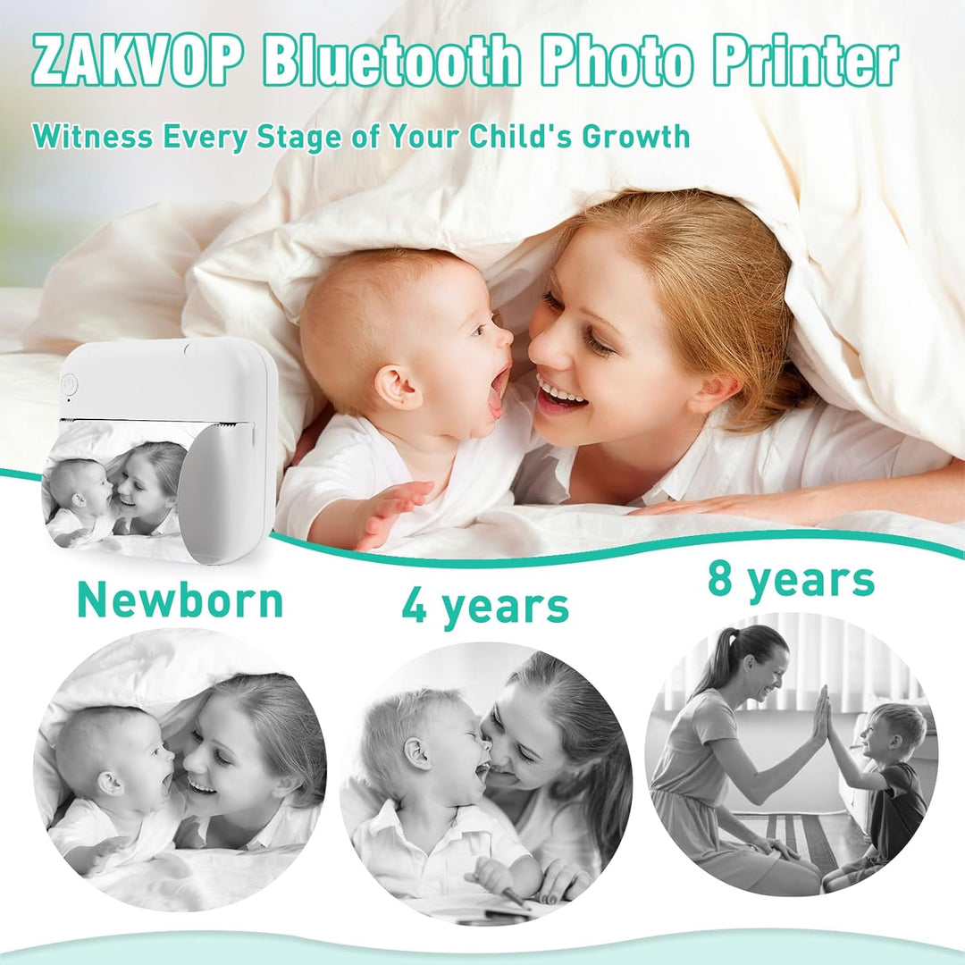 ZAKVOP Mini drucker 300DPI, Mini drucker Aufkleber, Mini drucker für Smartphone, Bluetooth tragbarer