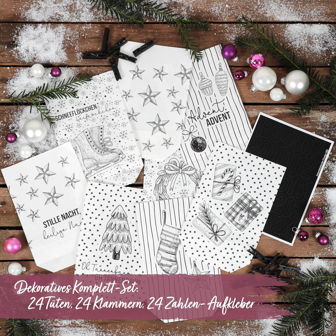 Papierdrachen Adventskalender 2025 zum Befüllen - 24 weisse Papiertüten mit Zahlenaufklebern - Motiv