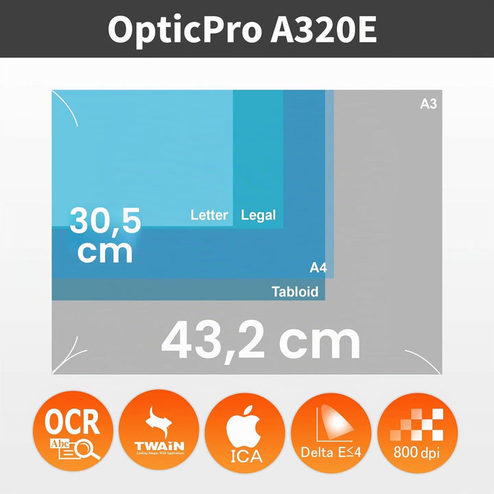Plustek OpticPro A320E - Flachbettscanner Din-A3 (Auflösung 800 dpi, CCD), Kompatibel mit Wins & Mac