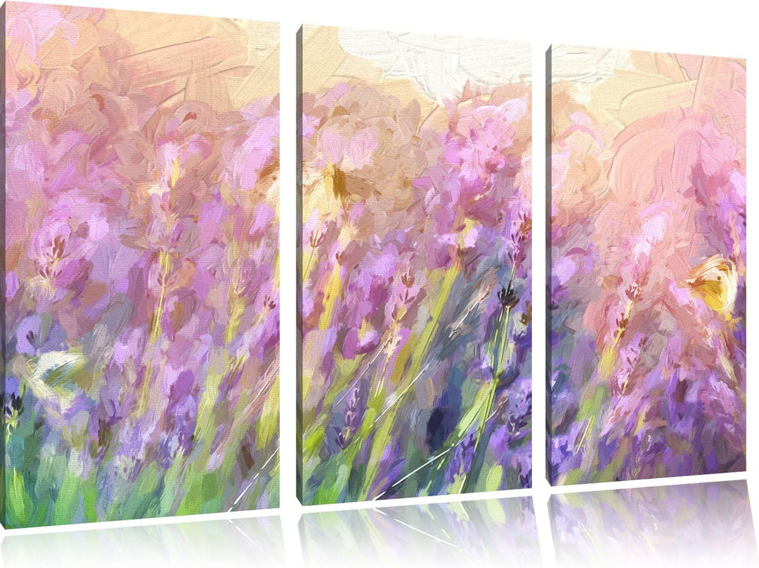 Pixxprint Schmetterlinge auf Lavendelblumen als Leinwandbild/Grösse: 3 Teilig (120x80 cm) cm/Wandbil