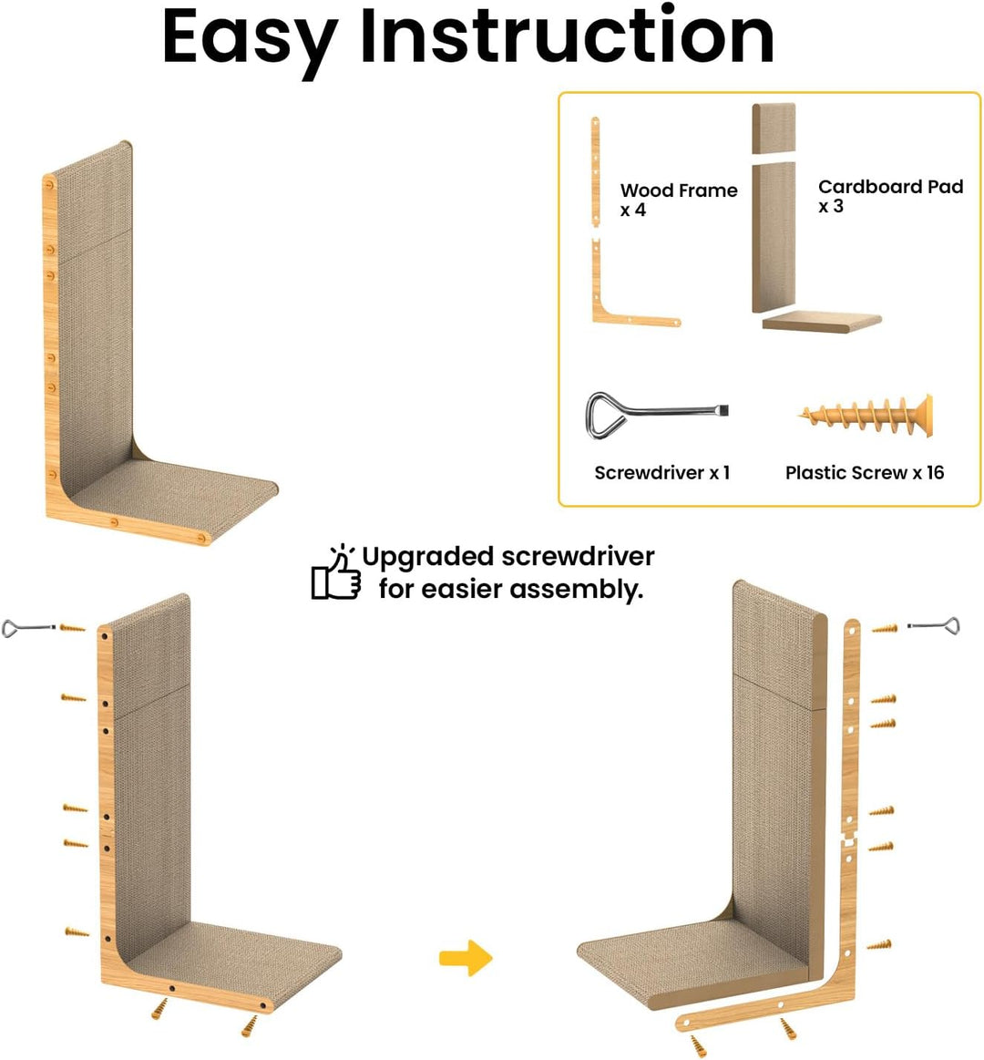 Conlun Kratzpappe für Katzen, 58 cm L-förmige Kratzunterlage wandmontiert, senkrechter Kratzbaum aus