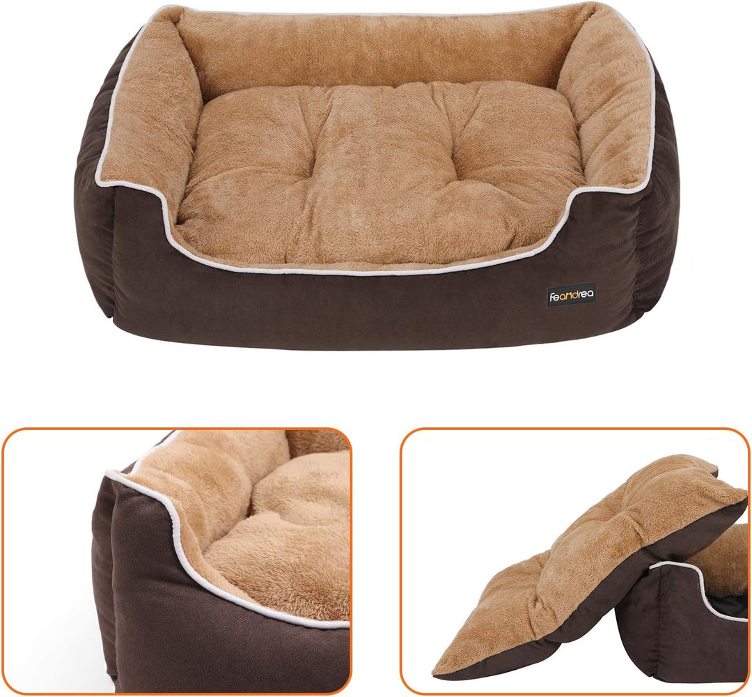 Feandrea Luxus Hundebett, weiches Hundekorb, L, mit abnehmbarem Kissen, 90 x 25 x 75 cm, braun und b
