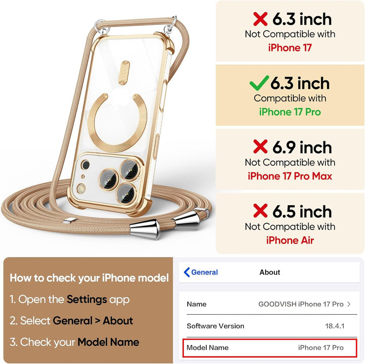 GOODVISH Handykette für iPhone 17 Pro Hülle mit Band, mit 2 Stück Schutzfolie und Kamera Schutz, Nec