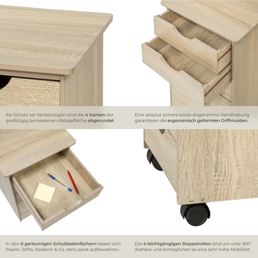 TecTake 800055 Rollcontainer mit Rollen und 6 Schubladen - diverse Farben - (Holz hell, Eiche Sonoma