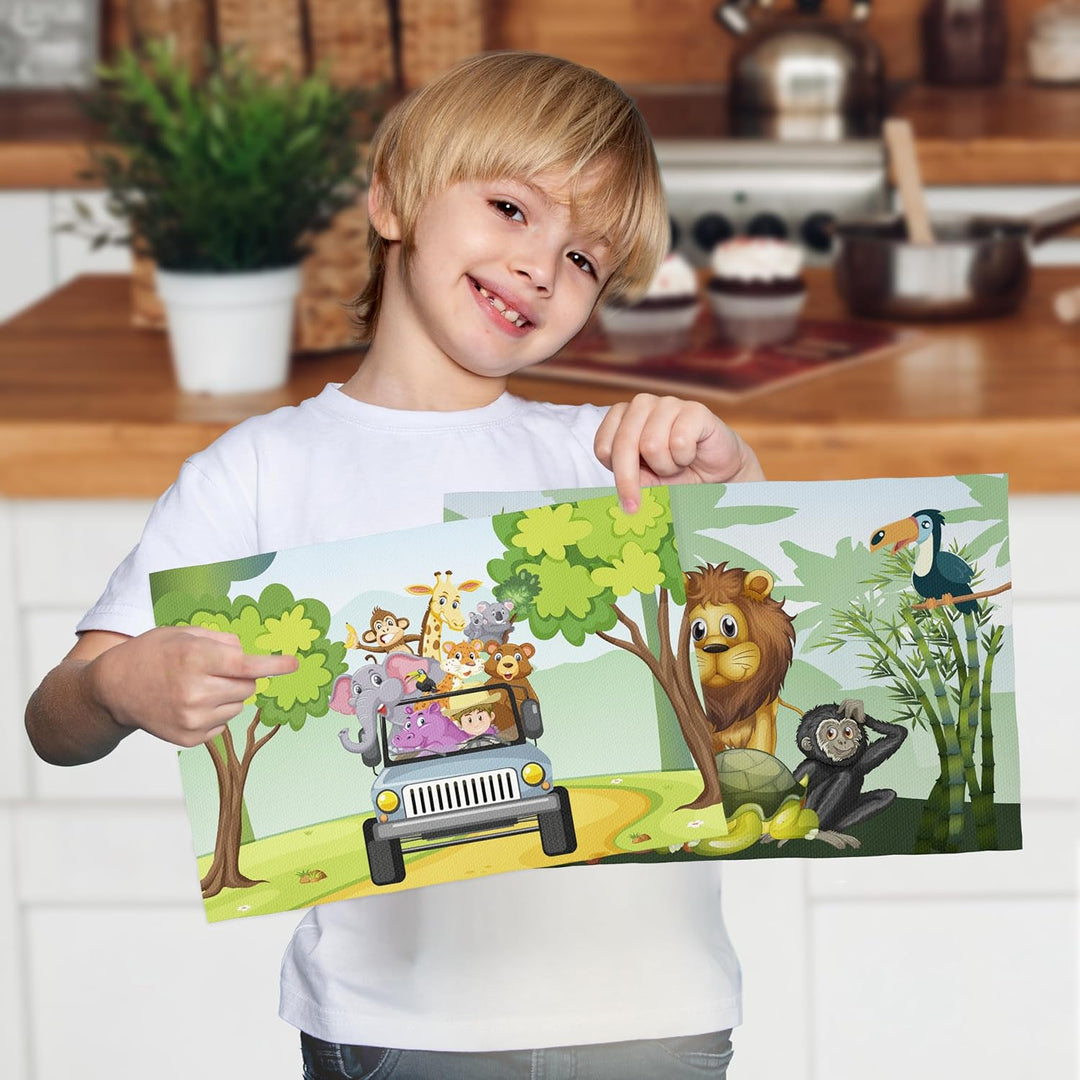 Platzsets Snacks Schule Kinder - 2 x Tischset Dschungel Kinder 30 x 45 cm - Tischset aus Stoff für d