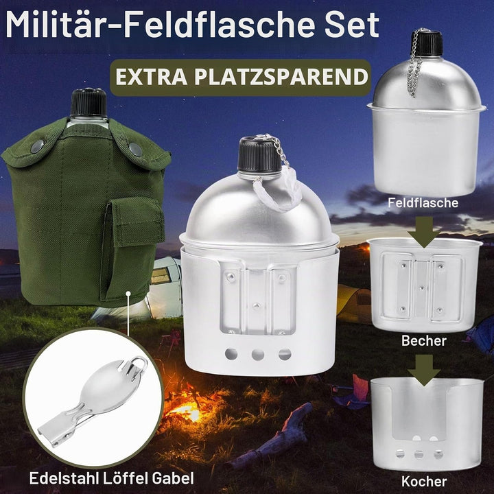 BeGrit Aluminium Feldflaschenbecher Tragbar 850ML Militär Überleben Trinkflasche Camping Wasserflasc