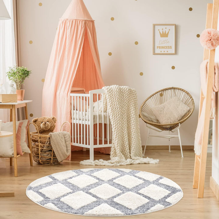 payé Teppich Rund - Skandinavisch Hochflor- 200x200cm - Boho - Pastell Cream Grau - Modern Raute Mus