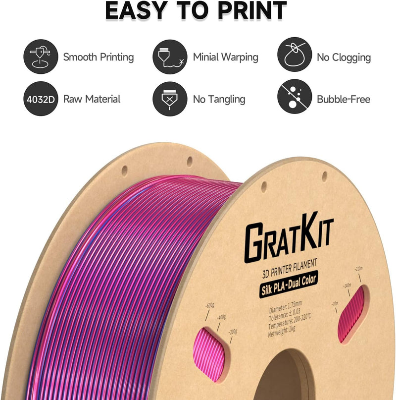 GratKit Dual Zweifarbig Seide PLA Filament 1.75mm, -0.03mm, Coextrusion PLA Filament, 3D Drucker Fil