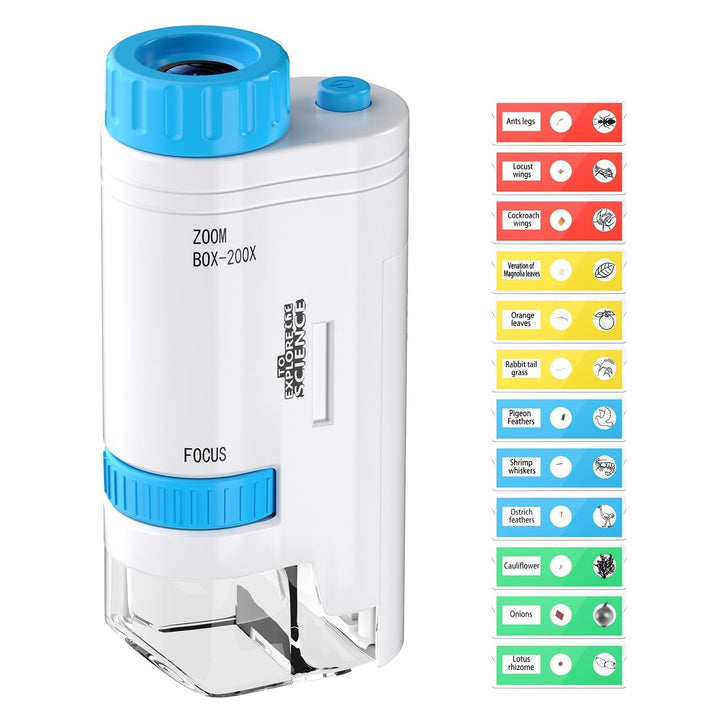 80x-200x Taschenmikroskop Kinder, LED Mikroskop für Kinder mit 12 Objektträgern LED-Licht Microscope