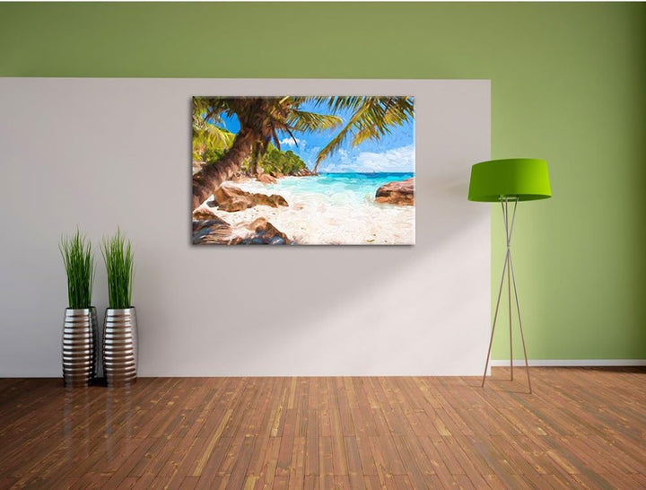 Pixxprint Palmenstrand Seychellen Kunst / 100x70cm Leinwandbild bespannt auf Holzrahmen/Wandbild Kun