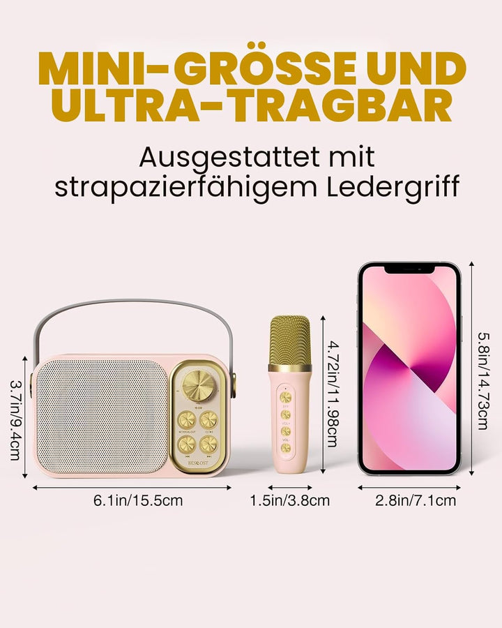 BESCOST Karaoke Maschine mit 2 Mikrofonen, Mini Karaoke Anlage mit 7 Stimmeffekten, tragbare Bluetoo