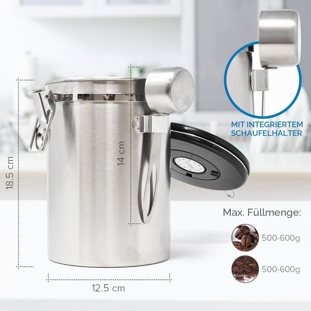 joeji's Kitchen Kaffeedose Luftdicht 1,8L - Kaffeebohnen Behälter aus Edelstahl - Vakuum Aromadicht