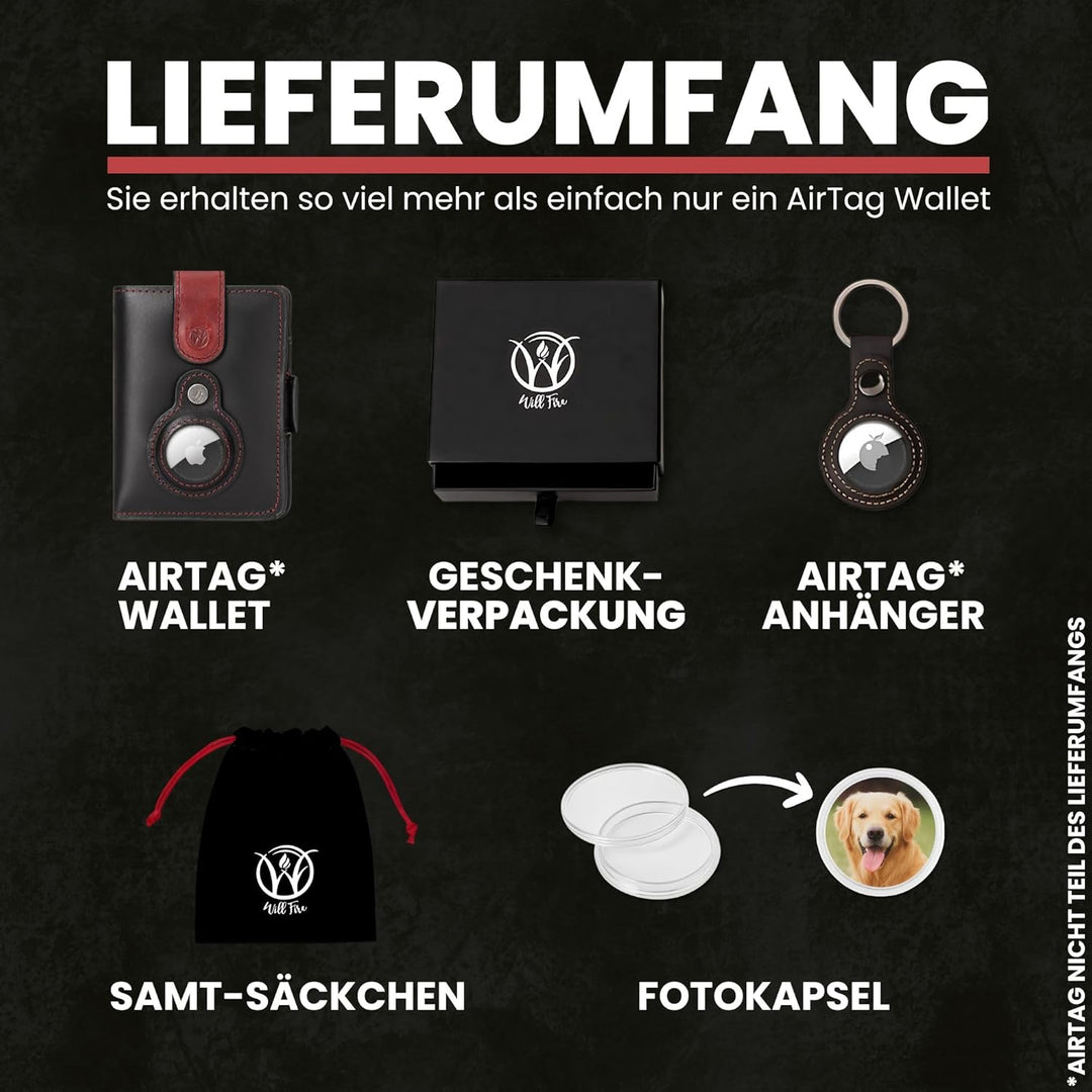 Will Fire® AirTag Wallet | Inkl. Airtag Anhänger | Leder Geldbörse mit Münz- &amp; Scheinfach | Extra ge