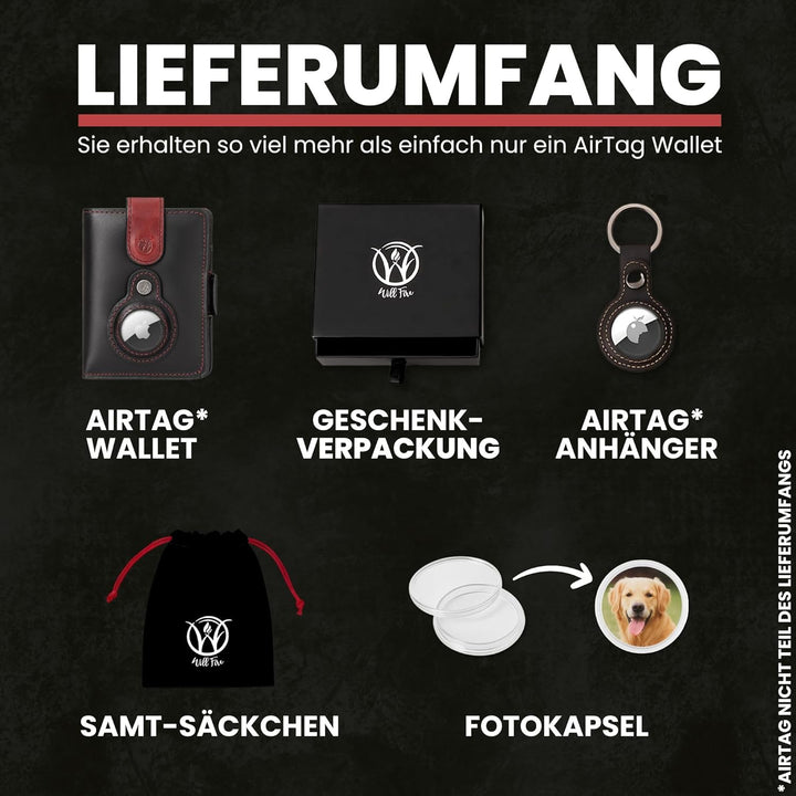 Will Fire® AirTag Wallet | Inkl. Airtag Anhänger | Leder Geldbörse mit Münz- &amp; Scheinfach | Extra ge