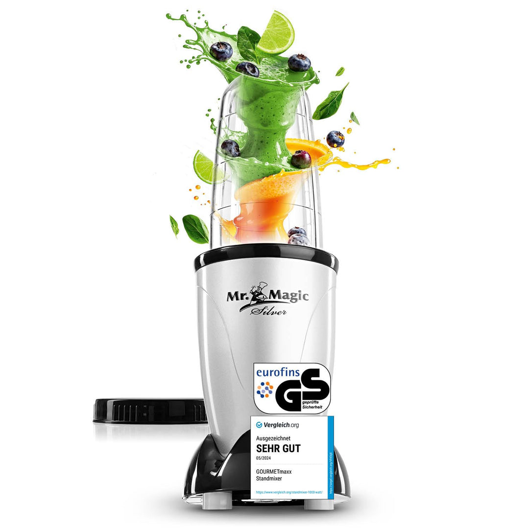 GOURMETmaxx Mr. Magic Smoothie Maker inkl. Frischhaltedeckel | Standmixer mit 8 Funktionen, inkl. To
