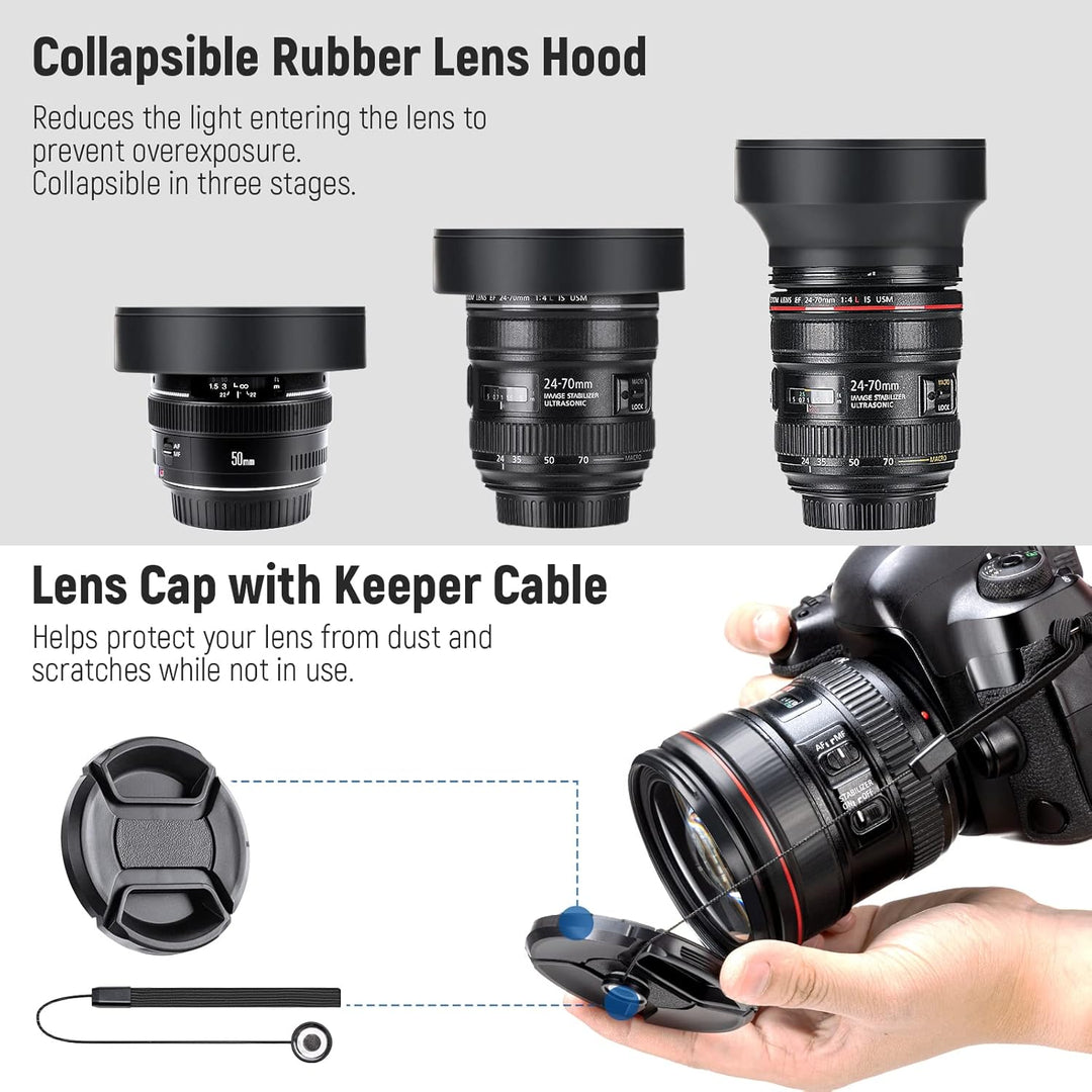 NEEWER Objektiv Filter Set 58mm UV CPL und ND Filters(ND2, ND4, ND8) FLD Filter, Tulpenförmiger Blen