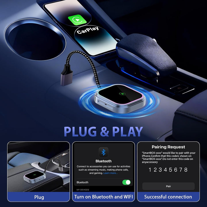 Wireless Carplay Adapter, 2 in 1 Carplay Wireless Adapter mit RGB Beleuchtung, Upgrade auf kabellose